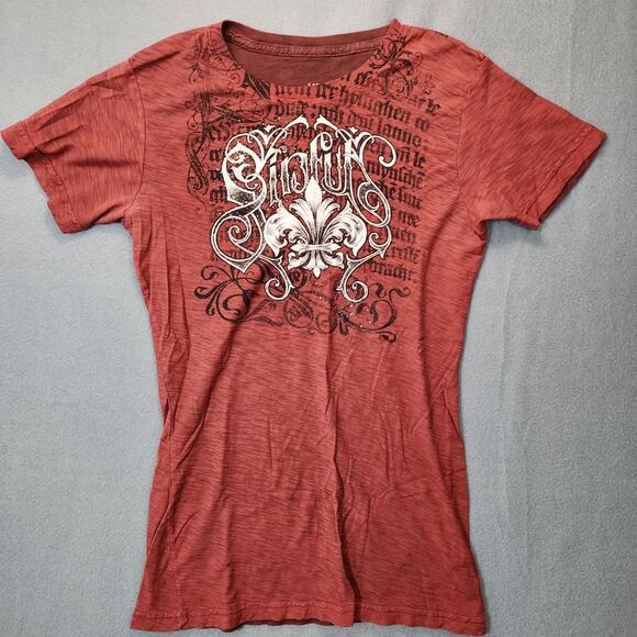 Sinful Affliction Womens Top Large Burgundy Glitter Fleur De Lis Grunge 90s Y2k - Picture 9 of 9